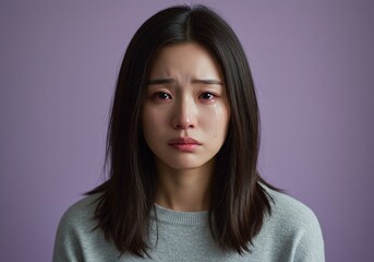 melancholic asian woman with teary eyes wearing light gray sweater on soft pastel background. generative ai