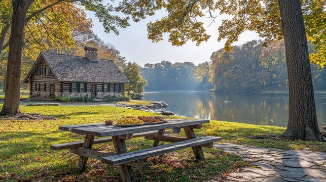 Autumnal Serenity: Lakeside Log Cabin Retreat - Powered by Adobe