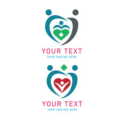 Medical Family Heart Vector Logo Set: Abstract People Care Symbol with Plus Sign for Health, Community, Support, Love, Wellness, Clinic