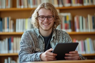 Smiling student using tablet in library