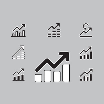A set of nine simple, flat design icons representing various business growth charts.