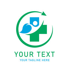 Eco Medical Cross Vector Logo, Green Circle with Arrow, Blue Leaf, and Human Shape for Healthcare, Natural Medicine, Wellness, Pharmacy, Clinic