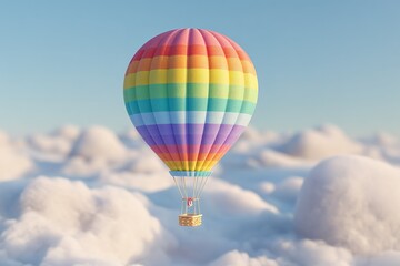 Naklejka premium Rainbow Striped Hot Air Balloon Floating Above Dreamy White Clouds under Blue Sky