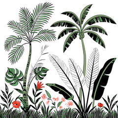Tropical vintage botanical palm trees, banana tree, green plants floral seamless border white background. vector