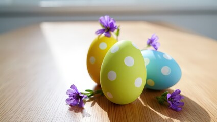 Three colorful Easter eggs with polka dots on a wooden table.