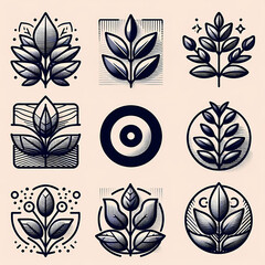 Plant emblems in various styles and designs on a light background  