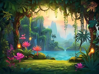 beautiful cartoon jungle Landscape Scenery background illustration © Elite Elegance