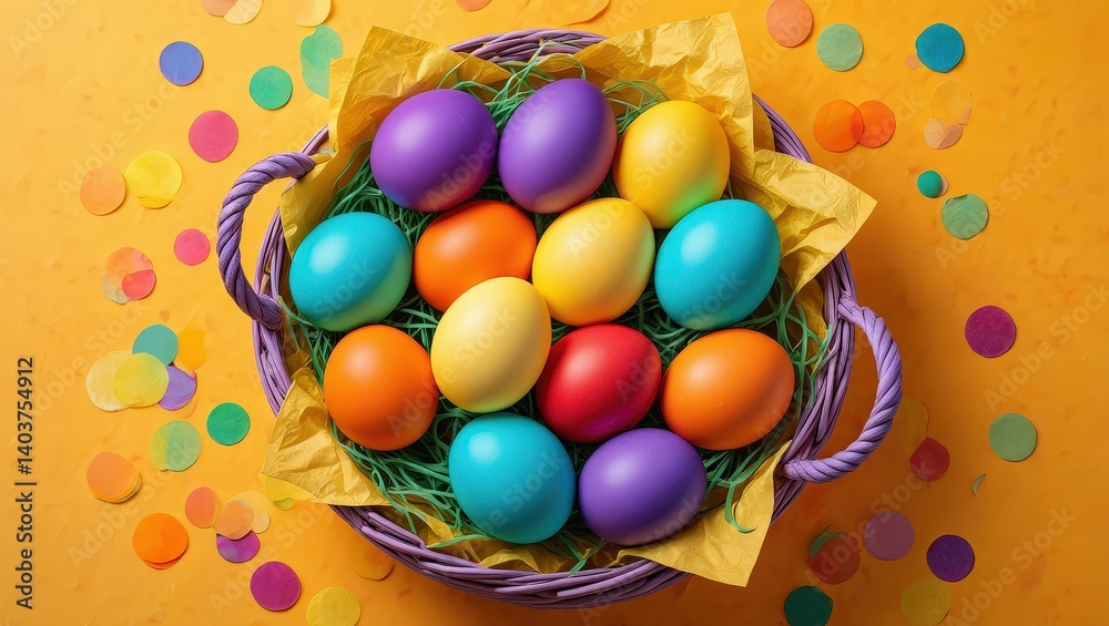 Poster a basket filled with colorful easter eggs on a yellow background with confetti.