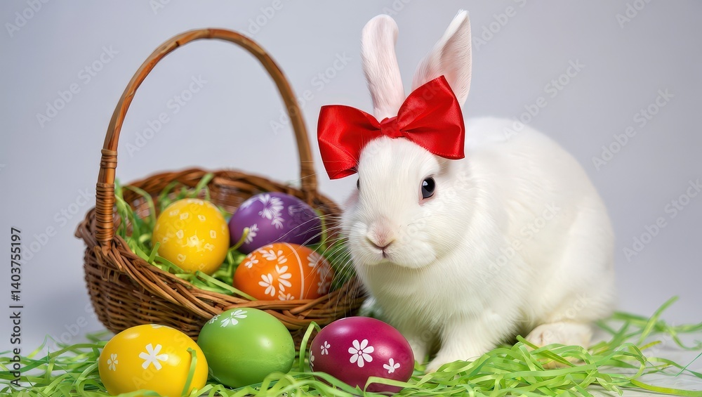 Poster a white bunny wearing a red bow is sitting in front of a basket filled with colorful easter eggs.