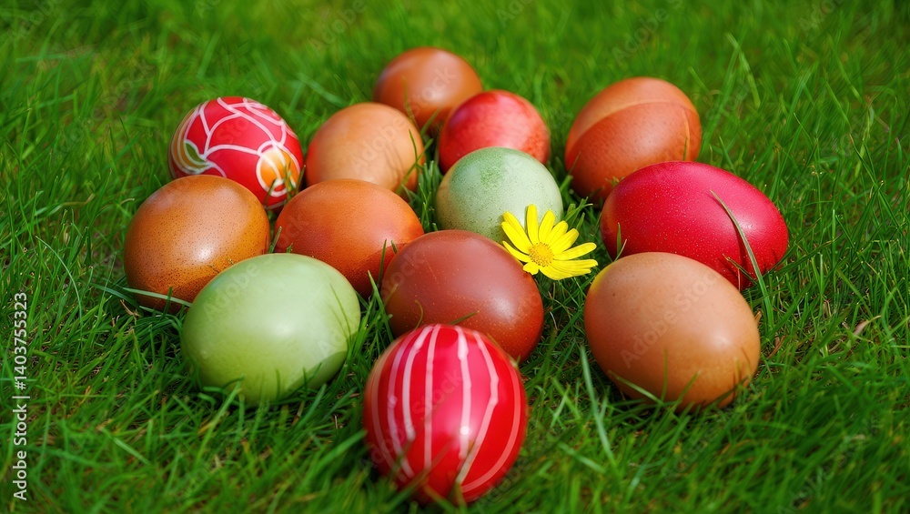 Poster A collection of colorful Easter eggs in various patterns and colors, displayed on grass.