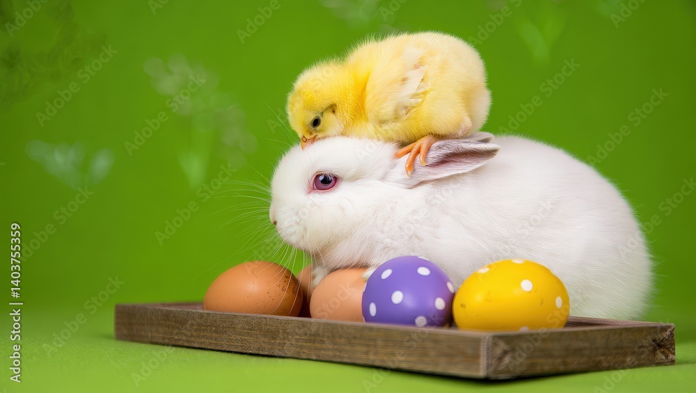 Poster a rabbit sitting on eggs in front of a chick, both against a green background.