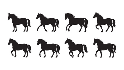 Set of Black Horse Silhouettes in Various Walking Positions