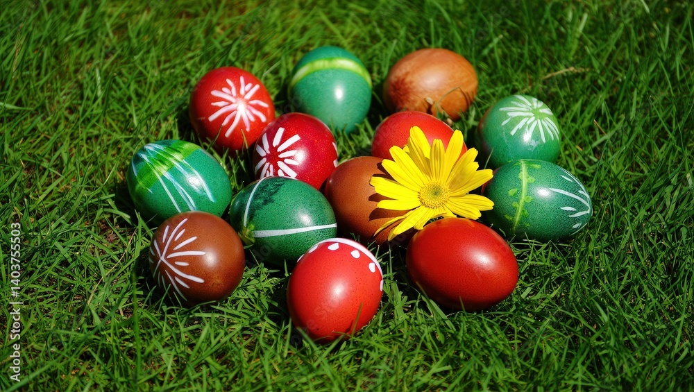 Poster A collection of colorful Easter eggs in various patterns and colors, sitting on grass.