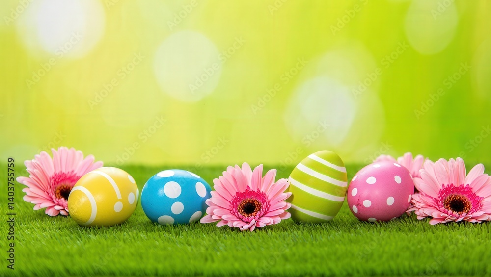 Poster a row of colorful easter eggs on grass with a blurry background of flowers.
