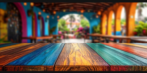 Obraz premium Inviting vibrant restaurant interior. Empty rustic wooden table with colorful stripes. Perfect for Cinco de Mayo designs, food blogging, or product mockups. 