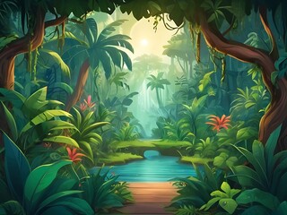 beautiful cartoon jungle Landscape Scenery background illustration