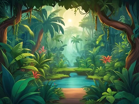 Fototapeta beautiful cartoon jungle Landscape Scenery background illustration