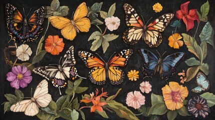 A colorful painting featuring butterflies and diverse flowers