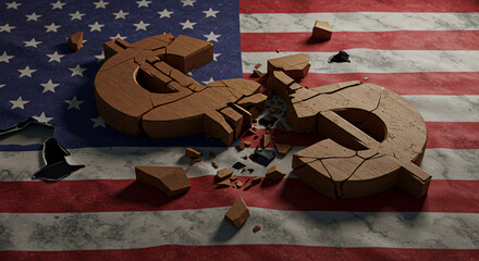 A broken dollar sign in front of a cracked American flag, representing the fall of the dollar and the decline of the economy.
