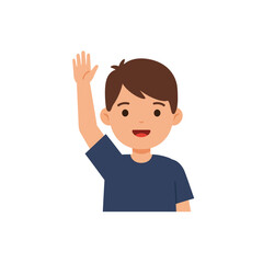 Happy child waving hand in flat, minimal design vector illustration
