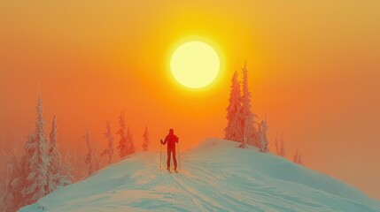 Winter Sunset Skiing Solitude: A lone skier enjoys the tranquil beauty of a snowy mountain peak at sunset, bathed in warm golden light.
