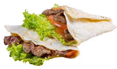 Meat and vegetables in a pita sheet. Street food. Snack with meat and vegetables in a pita