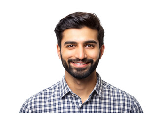 Fototapeta premium cheerful young man with a beard and a friendly smile, wearing a checked shirt, set against a neutral Transparent Background