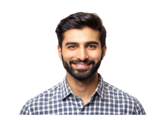 cheerful young man with a beard and a friendly smile, wearing a checked shirt, set against a neutral Transparent Background
