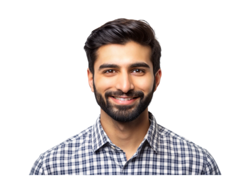 cheerful young man with a beard and a friendly smile, wearing a checked shirt, set against a neutral Transparent Background