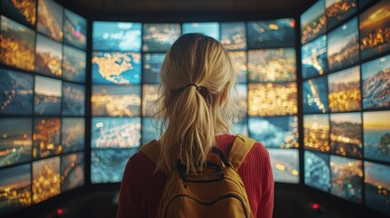 Obraz premium Woman Viewing Cityscapes on a Massive Screen