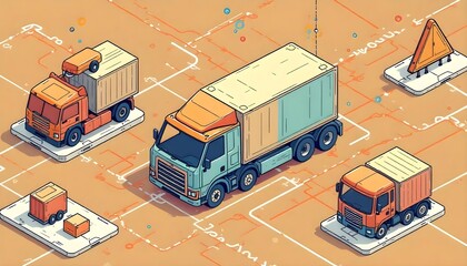 Isometric view of delivery trucks with containers representing logistics and supply chain operations.