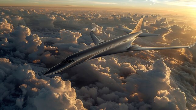 A high speed transatlantic flight concept jet soaring above the clouds