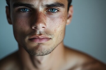 Obraz premium Portrait of Man with Blemishes in Neutral Studio Lighting