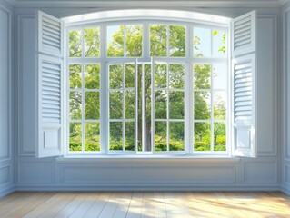 Obraz premium Bright Interior with Large Window Overlooking Lush Green Garden Capturing Natural Light and Serene View Creating a Peaceful Ambiance in a Modern Home