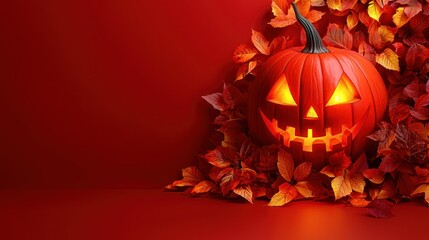 Spooky Halloween Jack-o'-lantern nestled in autumn leaves against a vibrant red backdrop.