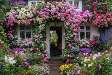 Vibrant rose-covered cottage entrance