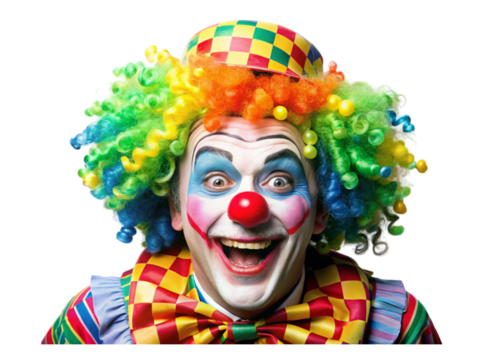 Close up of a cheerful clown with colorful costume and bright red nose, suitable for party or amusement related visuals