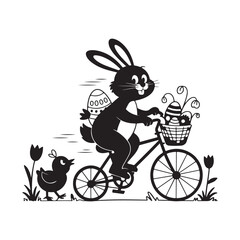 happy easter holiday card design with bicycle and flowers in a fun cartoon style vector art illustrations