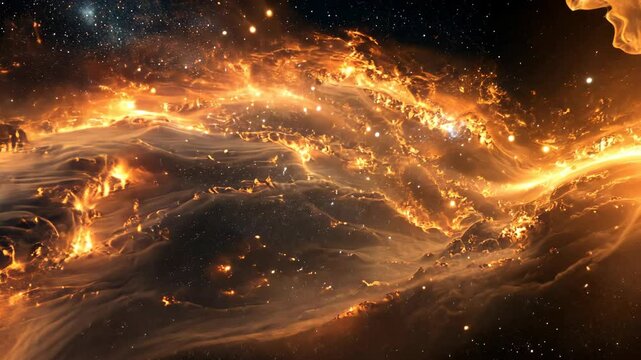 Vibrant Cosmic Nebula With Fiery Orange And Golden Tendrils In Deep Space