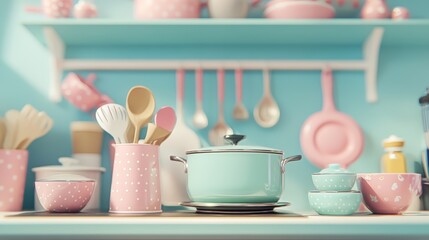 Pastel kitchenware collection on display with utensils and pots in bright kitchen. Diorama.