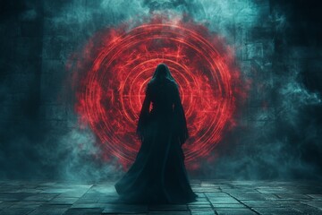 Sorcerer opening a magic portal with a glowing red occult symbol in a smoky dungeon