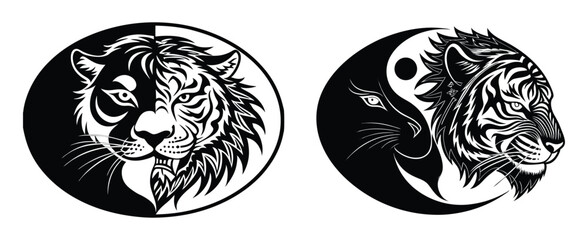 Roaring tiger with a butterfly gently landing on its nose, captured mid-motion in vector silhouette style