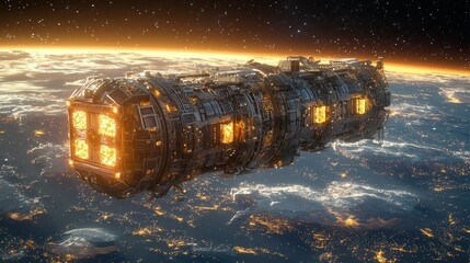 Alien Spaceship Orbiting Earth at Sunset