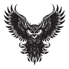 Obraz premium Intricate owl design with majestic wings showcasing detailed lines and patterns in a bold black silhouette Design