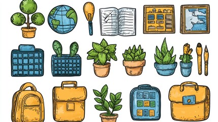 Vibrant Collection of Hand-Drawn School and Office Supplies, Plants, and Global Elements