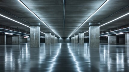 A vast underground corporate parking garage with sleek concrete pillars polished epoxy flooring bright LED strip running symmetrically along the