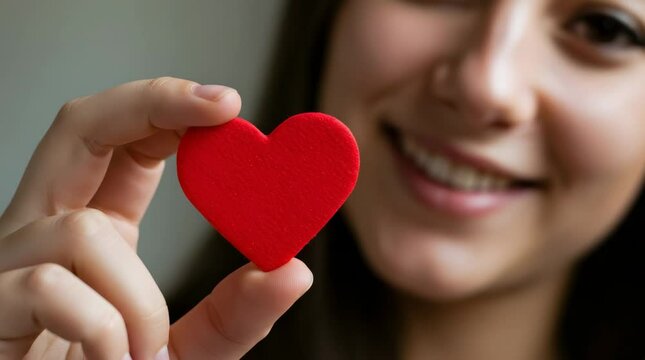 Woman holding red heart close to camera