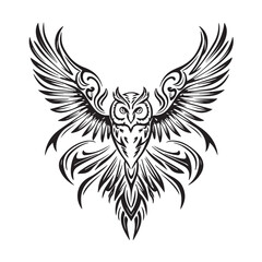 Intricate owl design with majestic wings showcasing detailed lines and patterns in a bold black silhouette Design
