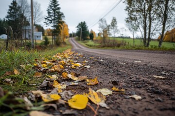 Rural Autumn Road with Fallen Leaves and Distant Farmhouse under Overcast Sky in Serene Countryside