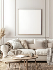 modern interior design mockup background with a blank poster frame, sofa and coffee table in light beige tones, minimalist style, natural lighting, high resolution photography